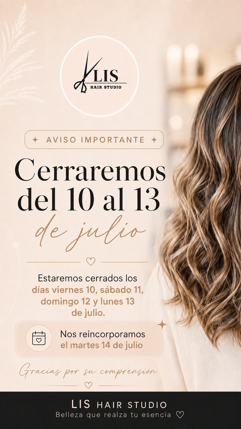 Aviso cierre LIS Hair Studio 10-13 julio